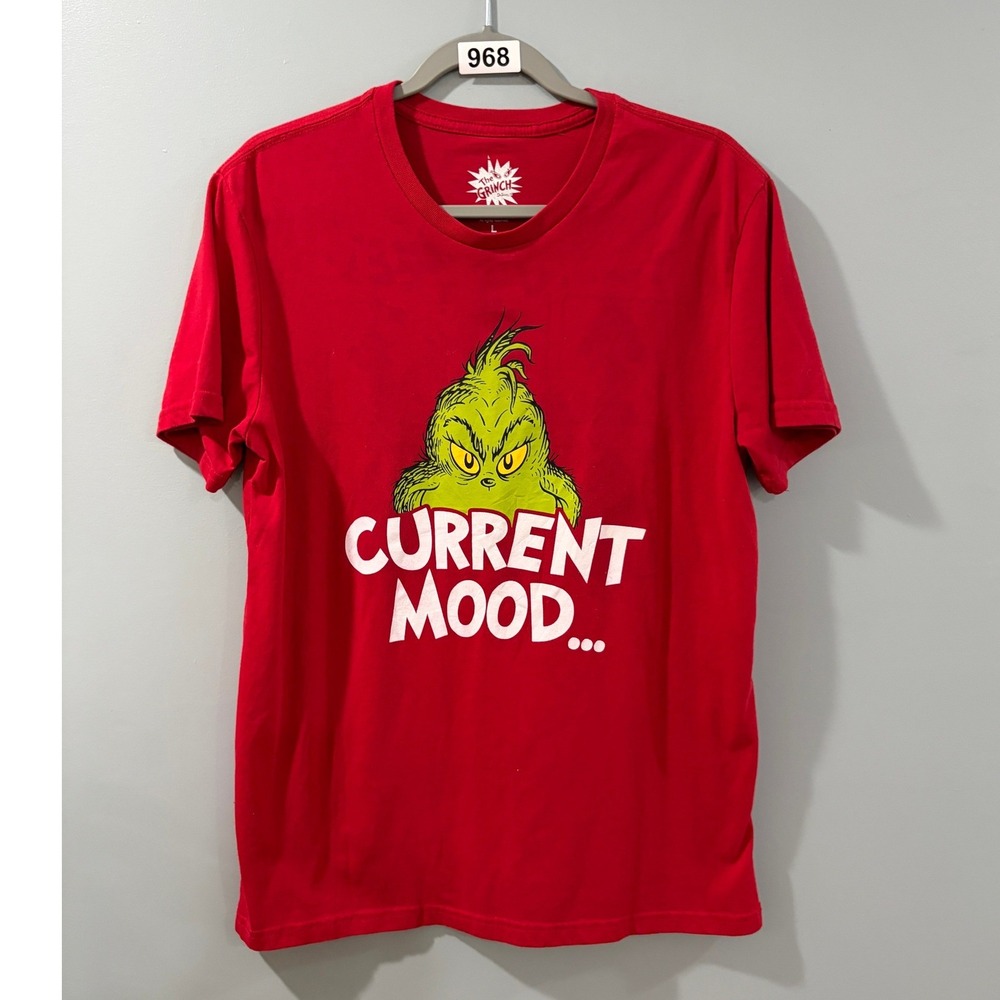Dr Seuss The Grinch Current Mood Red Graphic T-Shirt Large Christmas Holiday